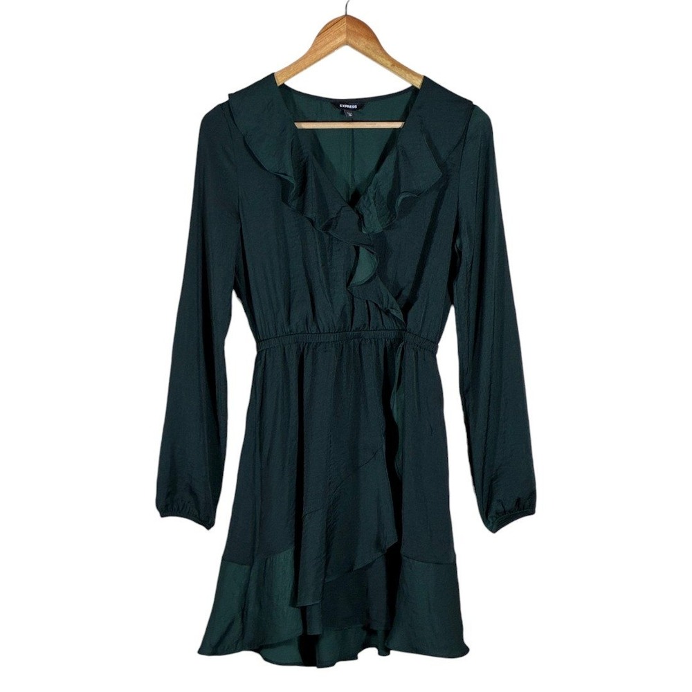 Express Ruffle Faux Wrap Solid Mini Dress Green Romantic Long Sleeve Size XS